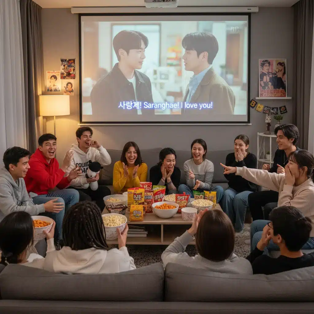 Diverse K-Drama fans watching a show together, enjoying the communal viewing experience.
