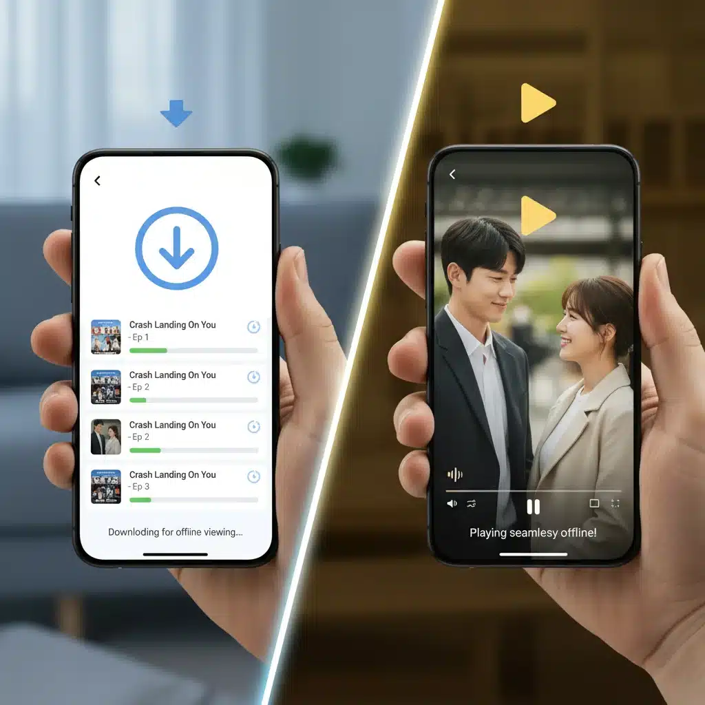 Smartphone demonstrating K-Drama offline download and seamless playback features.