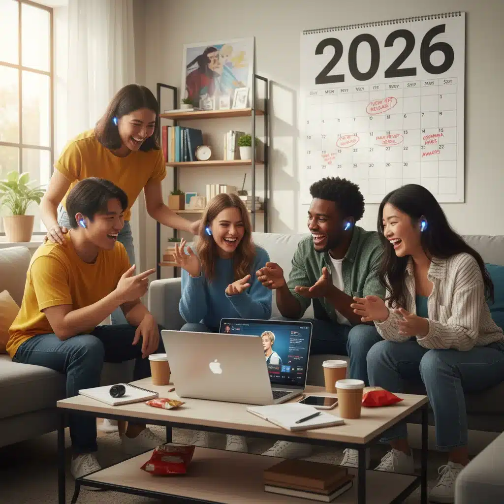 Group of K-Drama fans discussing new OST releases, with a 2026 calendar in the background, symbolizing community and anticipation.