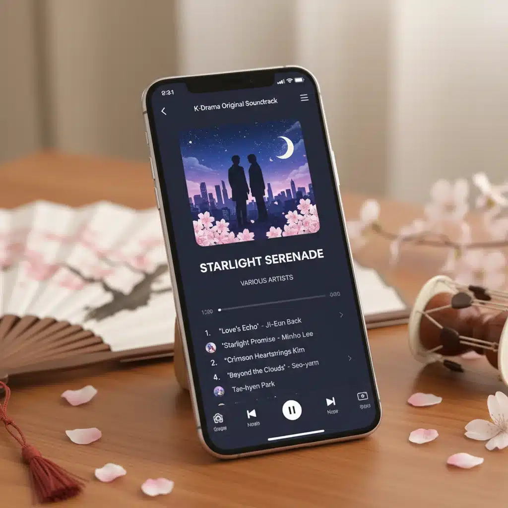 Smartphone showing a K-Drama OST playlist on a music streaming app.