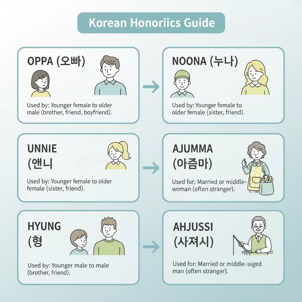Infographic explaining common Korean honorific terms and their usage.