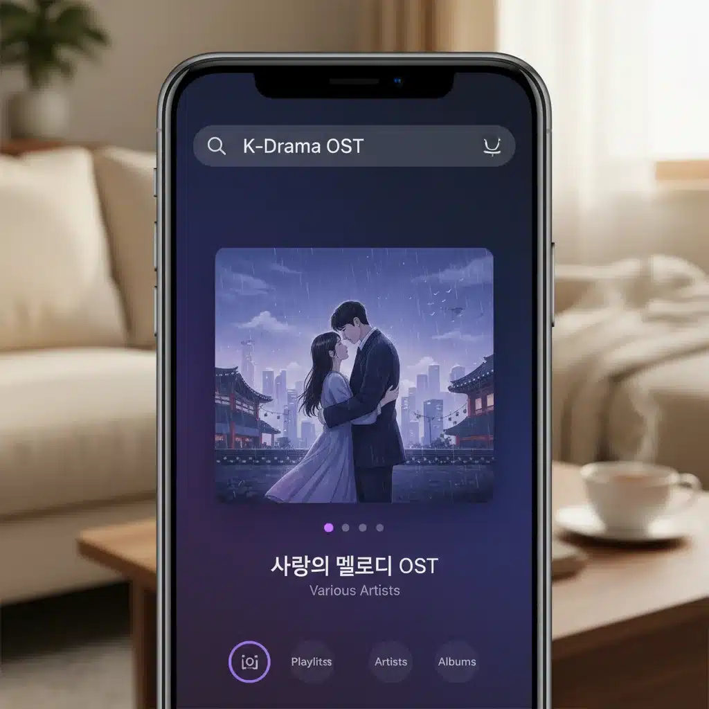 Smartphone displaying a music streaming app with K-Drama OST album art, illustrating how to stream K-Drama soundtracks.