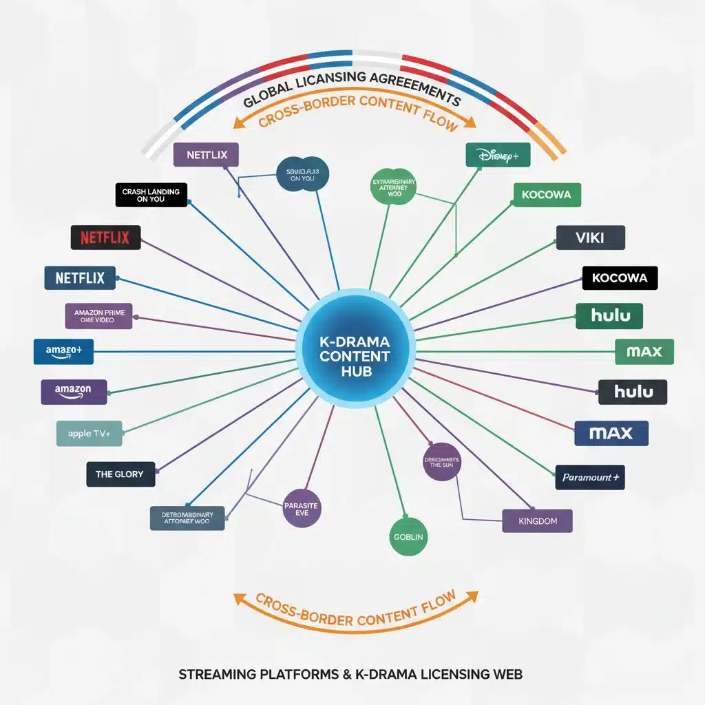 Complex network graphic showing K-Drama content licensing and streaming platform connections.