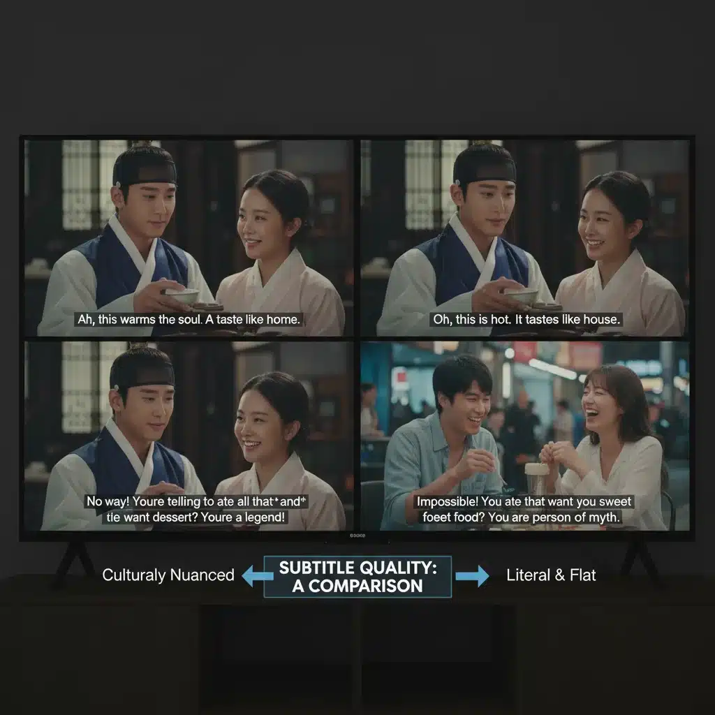 Examples of good and poor K-Drama subtitle translation accuracy and cultural nuance.