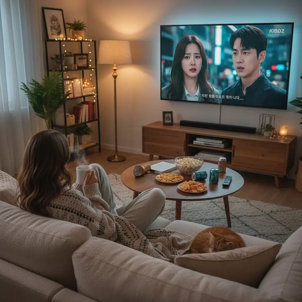 Person watching K-Drama on a sofa in a cozy living room, enjoying an immersive viewing experience.