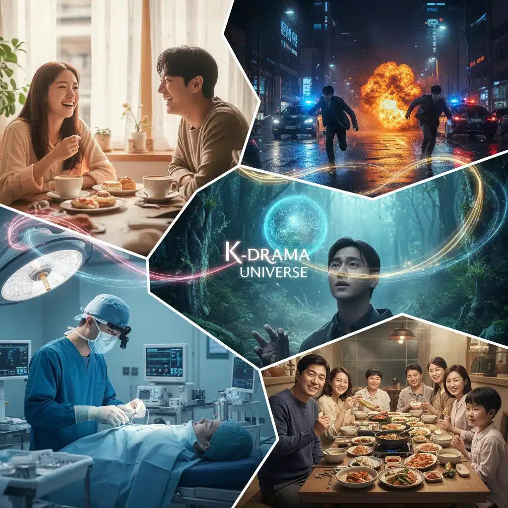 Collage of diverse K-Drama scenes: romance, action, medical, fantasy, slice-of-life.
