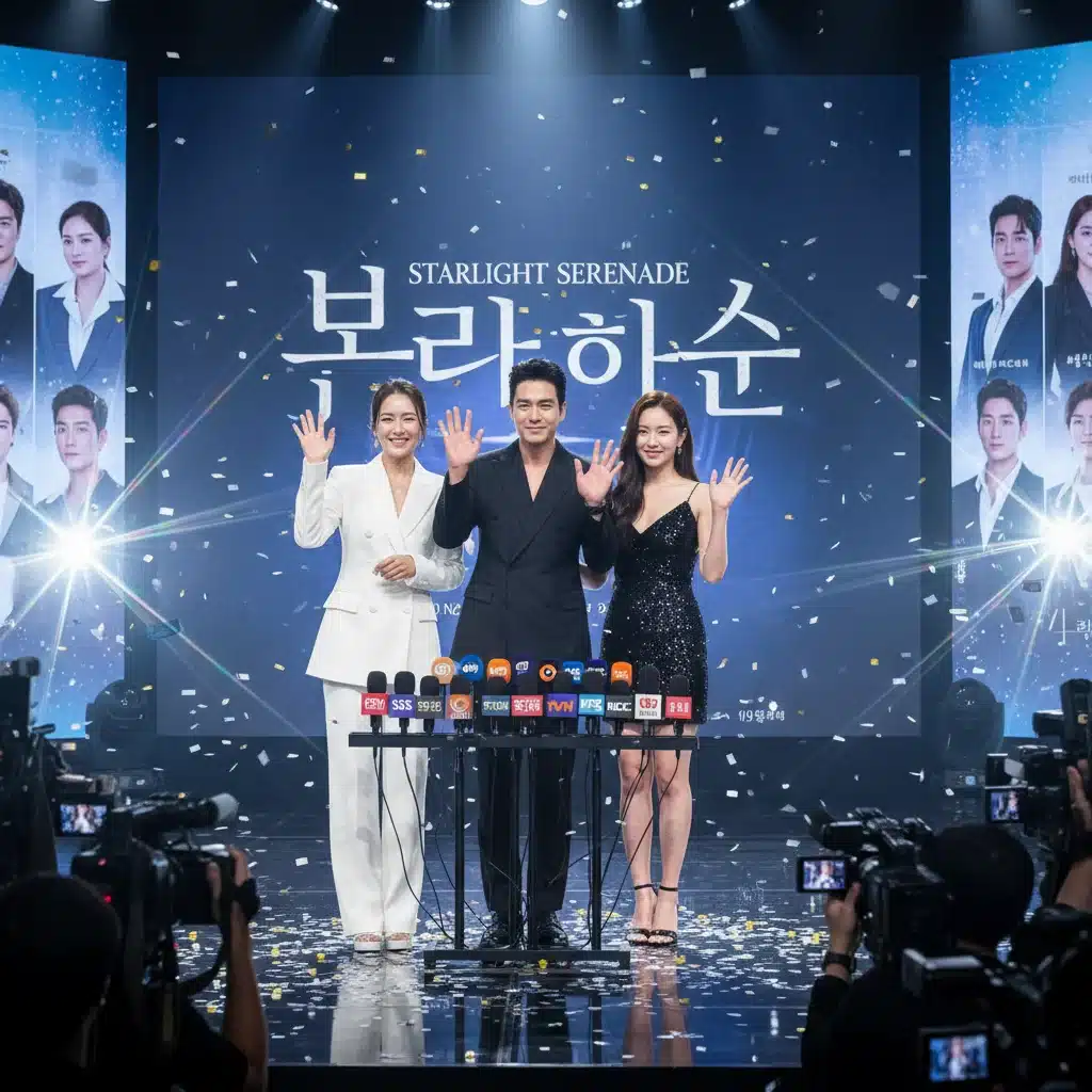Star-studded K-Drama cast at a press conference, promoting their new series.