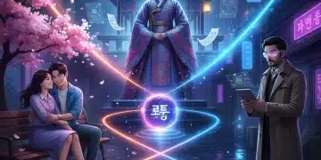 Illustration of K-Drama genres: rom-com couple, thriller detective, historical figure, guiding new viewers.