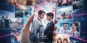 Collage of K-Drama scenes with Korean subtitles and a smartphone, symbolizing learning K-Drama Korean phrases.