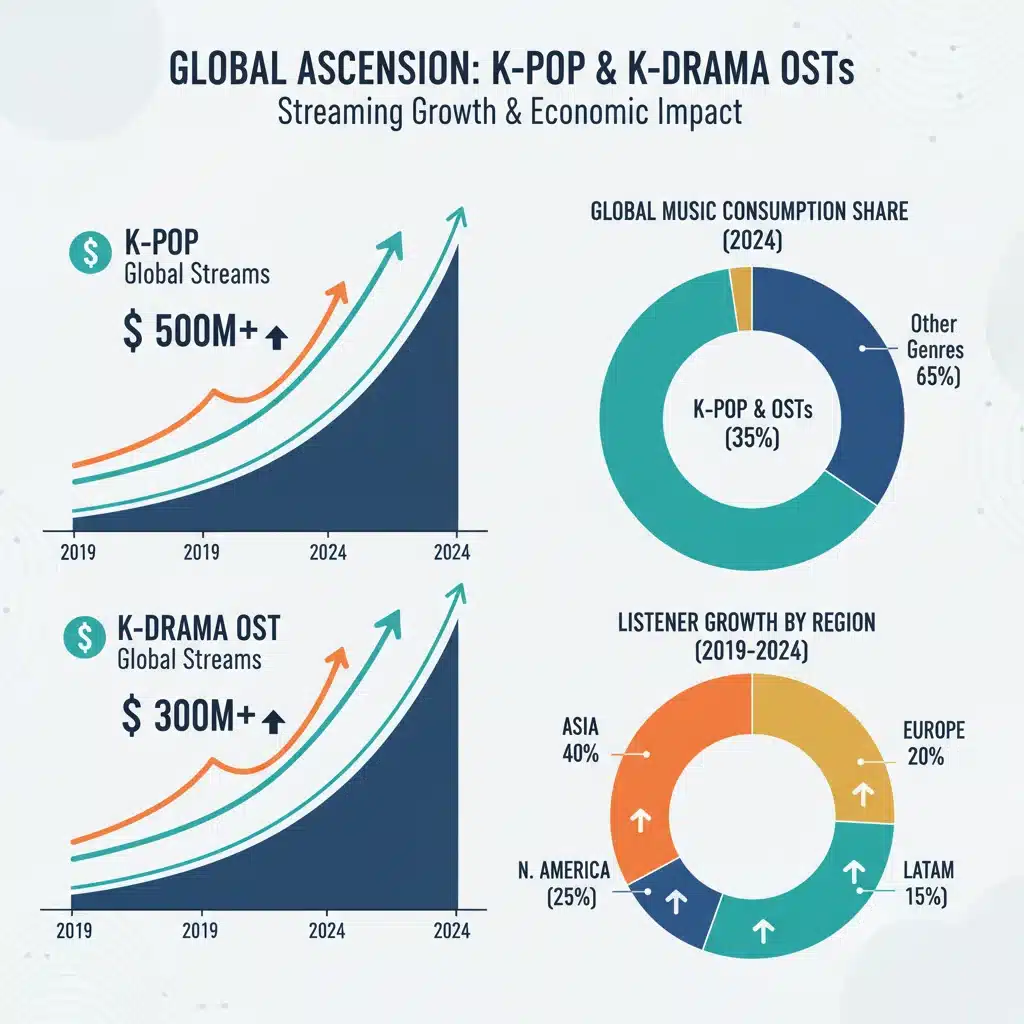 Infographic showing financial growth and listener engagement for K-Drama OSTs on streaming platforms