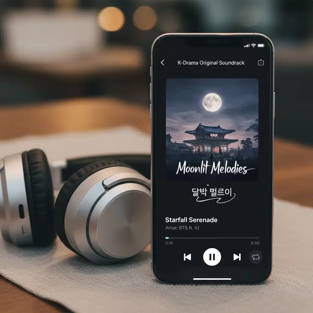 K-Drama OST streaming app interface on smartphone with headphones
