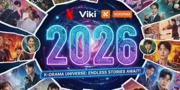 Vibrant collage of K-Drama posters and streaming service logos for 2026 US guide