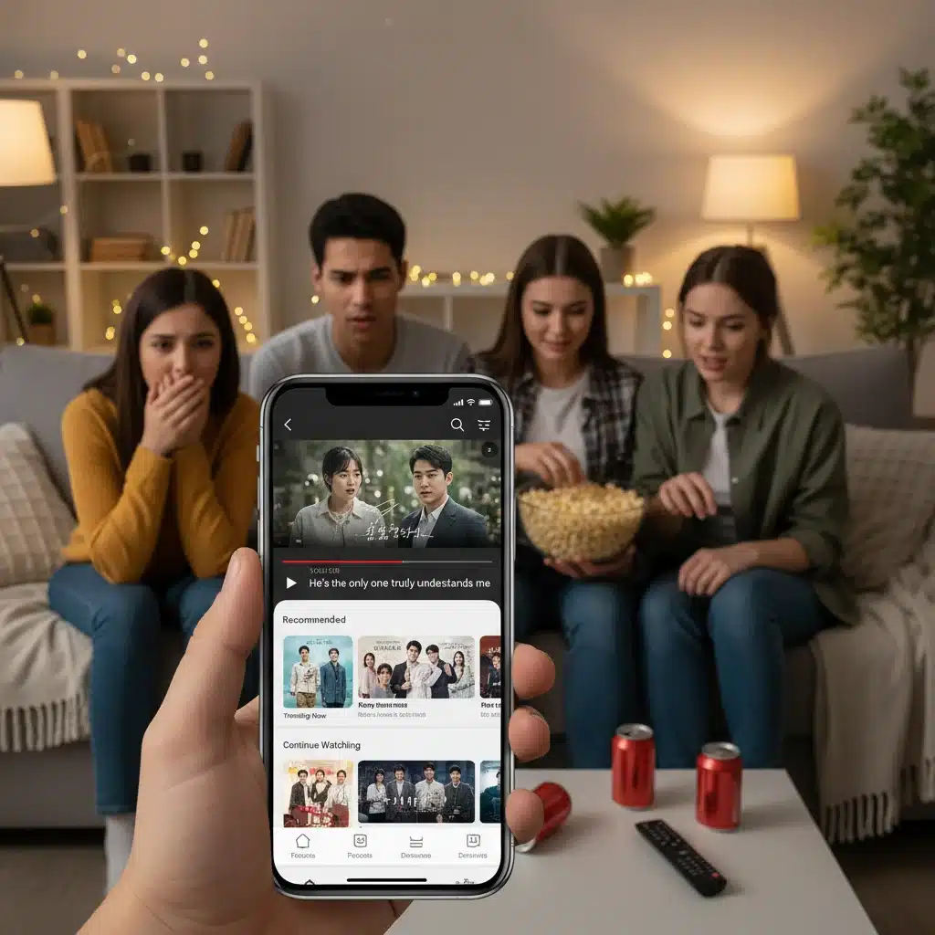 Friends watching K-Drama on a streaming app on a smartphone with subtitles