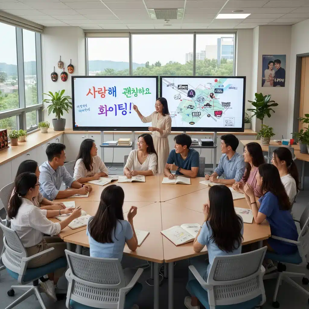 Students enthusiastically learning common K-Drama Korean phrases in a modern classroom.